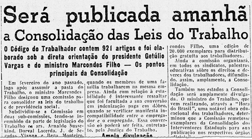 Noticia  sobre a consolidação da CLT em 1943